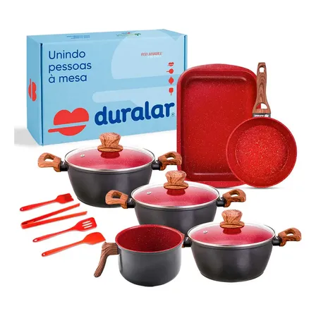 Jogo Panelas 10 Peças Utensílios Silicone Vermelho Duralar