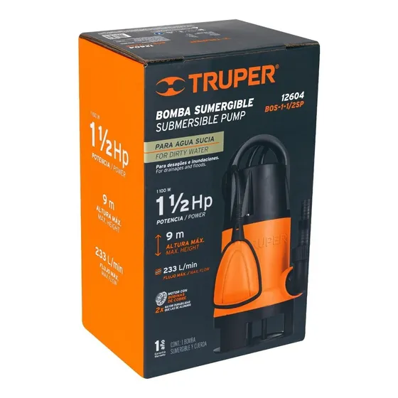 Bomba Sumergible Agua Sucia 1-1/2hp Truper Bos-1 -1/2sp Naranja