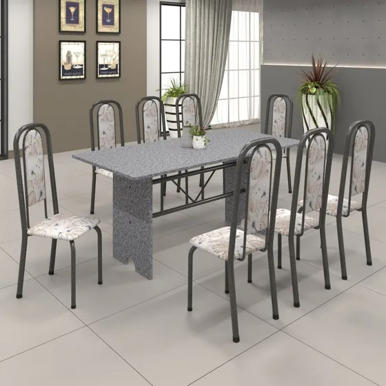 Conjunto De Mesa 180x75cm Tampo Granito Com 8 Cadeiras Wt