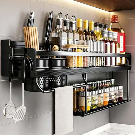 Organizador De Cozinha Rack Porta Tempero 2 Andar Alumínio Preto