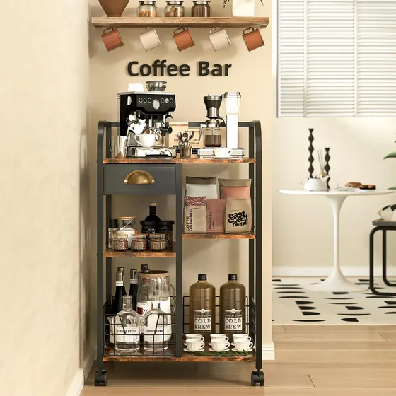 Carrito De Café Con Cajón Y Ruedas Mesa Móvil De Madera Rúst