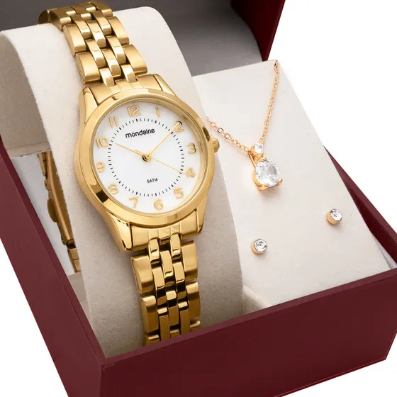 Relógio Feminino Mondaine Dourado Luxo + Kit Joias Fundo Branco
