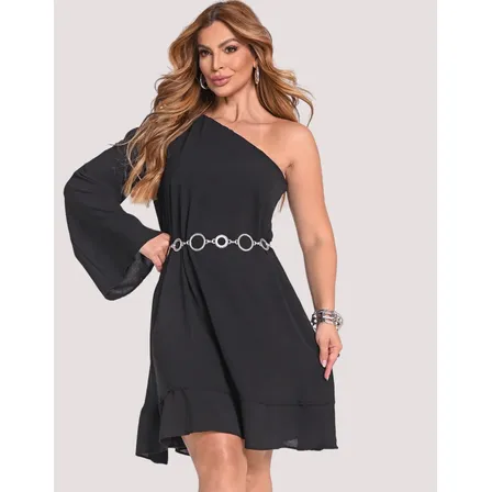Vestido Assimétrico Manga Longa Ombro Único Curto