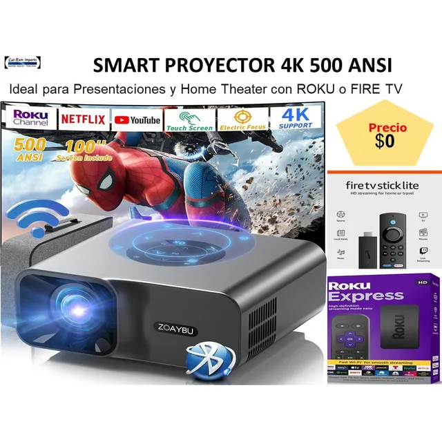 Proyector 4k + 500 Ansi Con Fire Tv, Roku O Chromecast