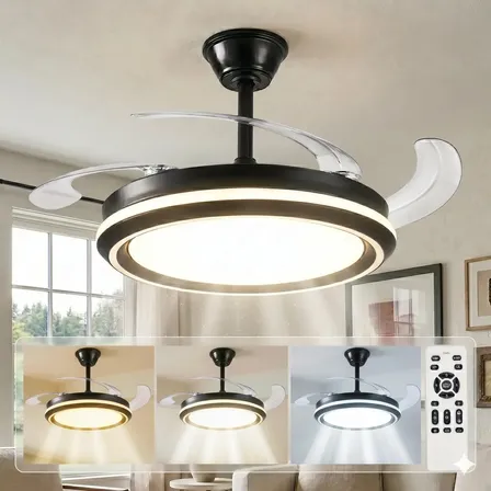 Ventilador De Teto Retrátil, Lampada Led Ventilador, 60w Com Controle Remoto, 6 Velocidades E 3 Cores De Luz, Bivolt , Ideal Para Quarto, Sala, Jantar, Preto 127/220v