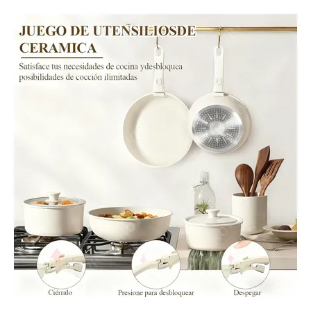 Bateria De Cocina 13 Piezas De Cerámica Antiadherente Con Mango Desmontable Utensilios De Cocina De Inducción Para Autocaravana Aptos Para Horno Y Lavavajillas Color Blanco