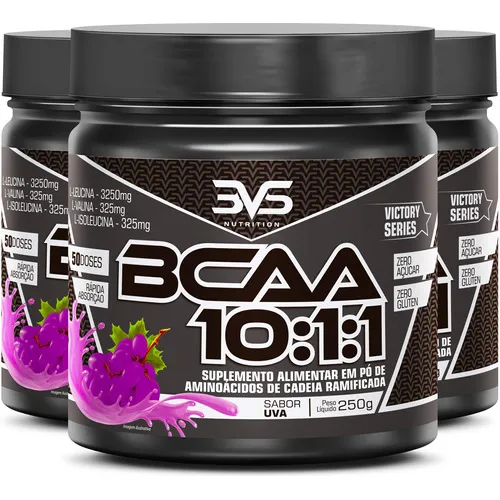 3 Unidades Do Bcaa Em Pó 10:1:1 Ultra Concentrando 250g Sabor: Uva - Fórmula Exclusiva Com 3900mg De Aminoácidos Por Dose