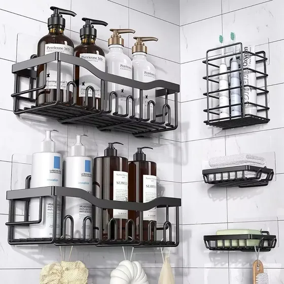 5pcorganizador De Baño Con Adhesivos,repisas Para Baño Negro