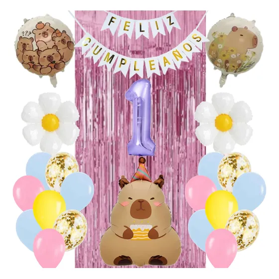 Combo Deco Feliz Cumpleaños Globos Capibara Tonos Rosas