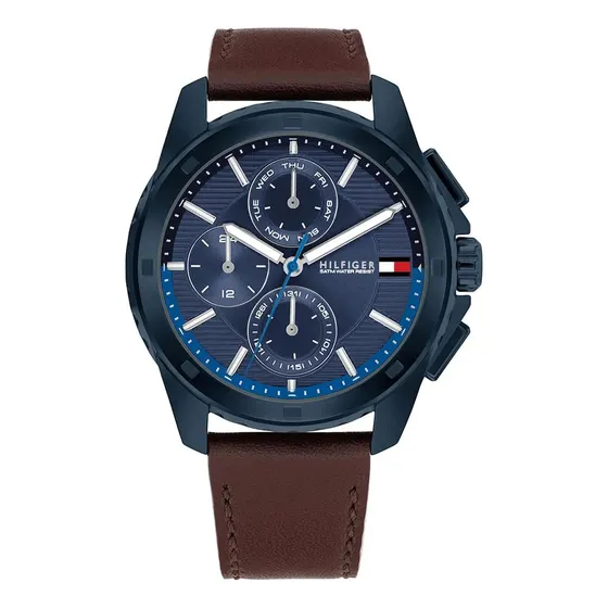 Reloj Tommy Hilfiger Hombre Walker 1710632 Malla Marrón Bisel Azul Fondo Azul