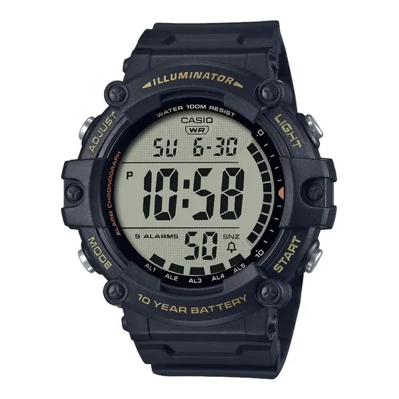 Reloj pulsera digital Casio AE-1500WH-1A con correa de resina color negro - fondo gris - bisel negro\u002Famarillo | Cuotas sin interés
