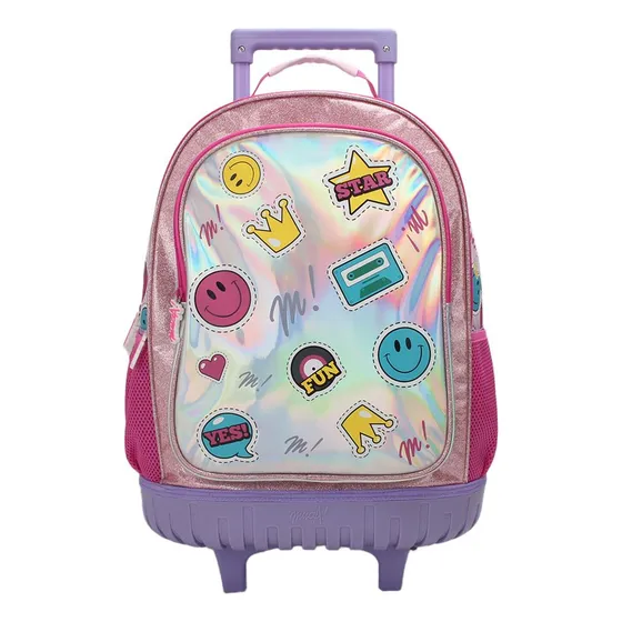 Mochila Carro Muaa Emojis 18 PuLG Escolar Niña Infantil Color Rosa Diseño De La Tela Estampada