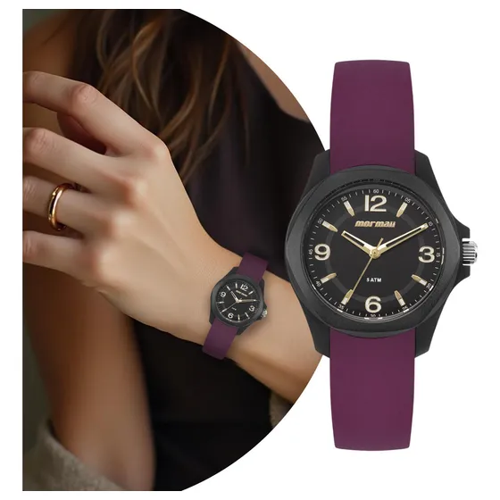 Relógio Feminino Analógico de Pulso Movimento Quartzo com Pulseira de Silicone Resistente à Água em 5 ATM Roxo com Fundo Preto Redondo Delicado Luxo Elegante Fashion Mormaii Luau Mo2036jh/8n