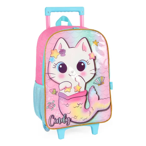Mochila Rodinha G Escolar Cindy Gatinha Sereia Unicornio Cor Rosa Desenho Do Tecido Lisa