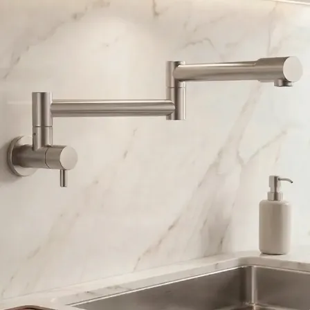 Torneira Cozinha Fria Parede Dobrável Articulável Extensível Metal Aço Inoxidável Acabamento Escovado