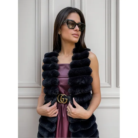 Colete Feminino Pele Com Pelos Quente Inverno Elegante