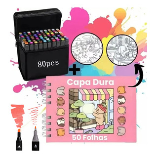 Canetinhas Touch 80 Cores Ponta Dupla+kit Livro De Colorir Canetinhas Touch 80 Cores Ponta Dupla+kit Livro De Colorir