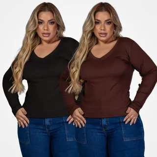 Kit 2 Blusa Feminina Plus Size Gola V Segunda Pele Longa Kit 2 Blusa Feminina Plus Size Gola V Segunda Pele Longa