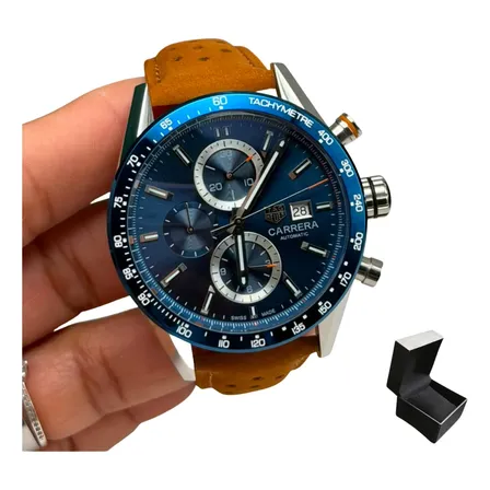 Relógio Tag Heuer Carrera Couro Automático Azul 41mm Marrom-claro Azul