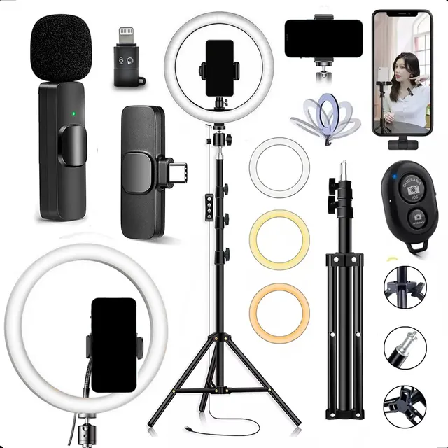 Kit Youtuber Ring Light + Tripé 2,10m + Microfone Bluetooth