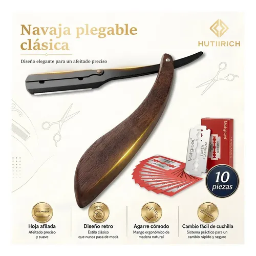 Hutiirich kit Porta Navaja para afeitar Calidad Profesional cosas de Barbero barberia De Madera barber Mango Peluquero De Palisandro Acero Inoxidable 10 Cuchillas para rasuradora navajas para rasurar
