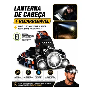 Lanterna De Cabeça Led Recarregável Farol Bike 3 Leds Zoom 300m Alta Potência Pesca Trilha Camping