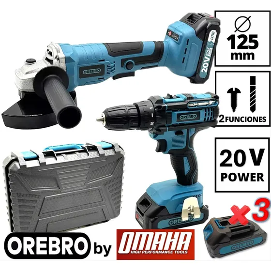 Combo Taladro Atornillador + Amoladora Angular Orebro De Omaha + 3 Baterias Inalambrico 20v Mandril 10mm Con Regulador De Torque Para Disco De 115 / 125 Mm