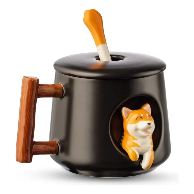 Juego De Taza Con Cuchara Modelo Shiba Negro