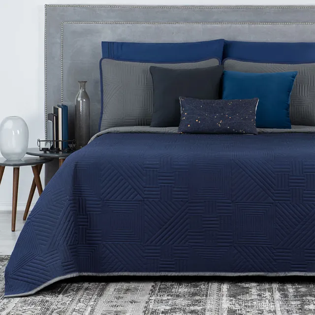 Edredón Ligero Doble Vista Real Textil 2 Fundas de Almohada Juego de Colcha Matrimonial Color Azul Marino Gris Oscuro