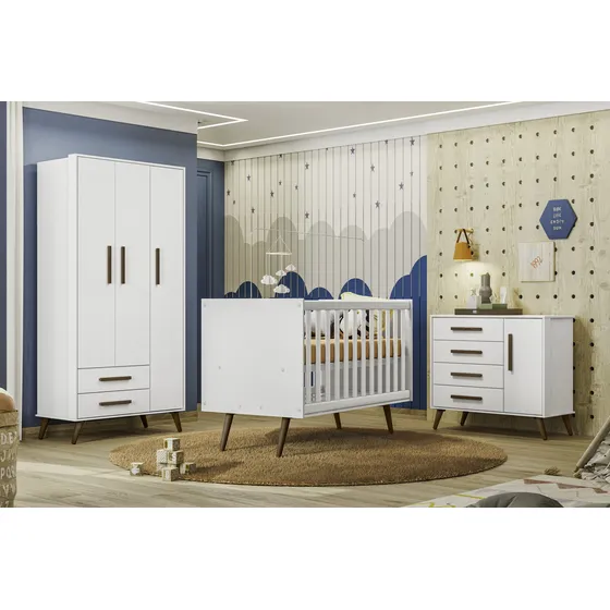 Conjunto Quarto Bebê Retrô Berço Com Colchão, Cômoda Guarda Roupa Cor Branco