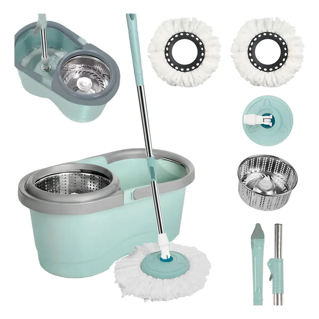 Conjunto de mop giratório verde com balde de 13 litros, cesto de inox, cabo de 130 cm, rodinhas e dois refis de limpeza