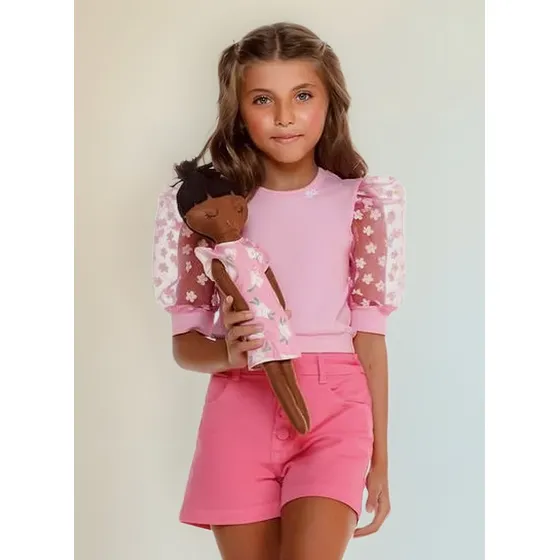 Blusa Floral- Rosa Claro & Verde - Conjunto Com Boneca