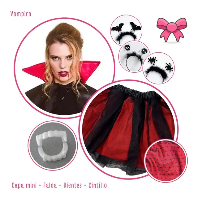 Set Vampira Capa + Falda + Dientes + Cintillo Disfraz Sexy