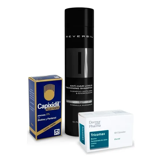 Pack Reversil® Shampoo Anti Caída + Minoxidil 5% + Tricomax