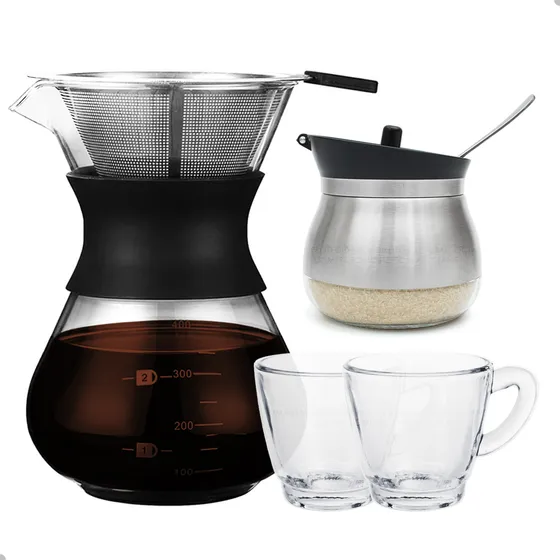 Cafeteira Coador Inox 400ml+ 2 Xicaras 60ml+ Açucareiro Inox