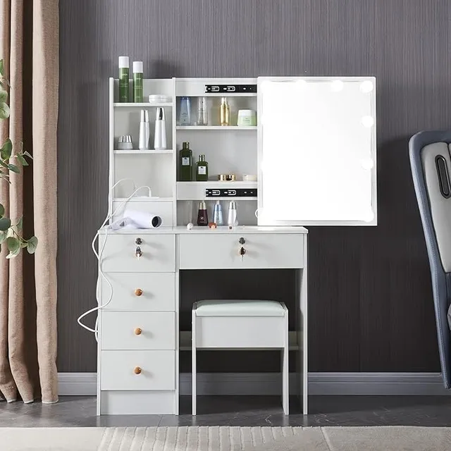 Espejo Vanity Con Luce Tocador Blanco Con Enchufe Almacenaje