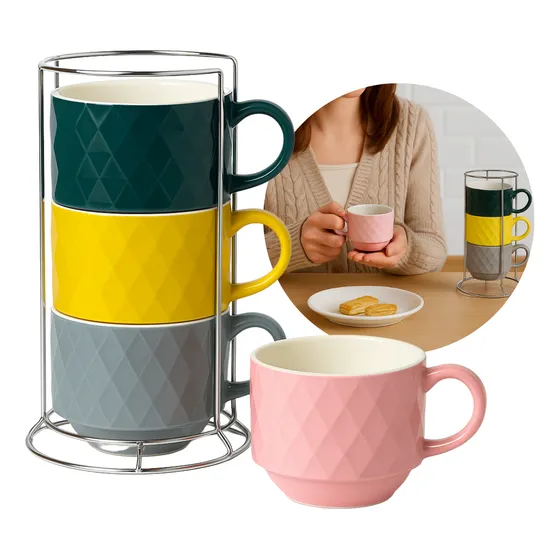 Tazas Para Café Apilable X4u + Torre Rack Acero Organizador 