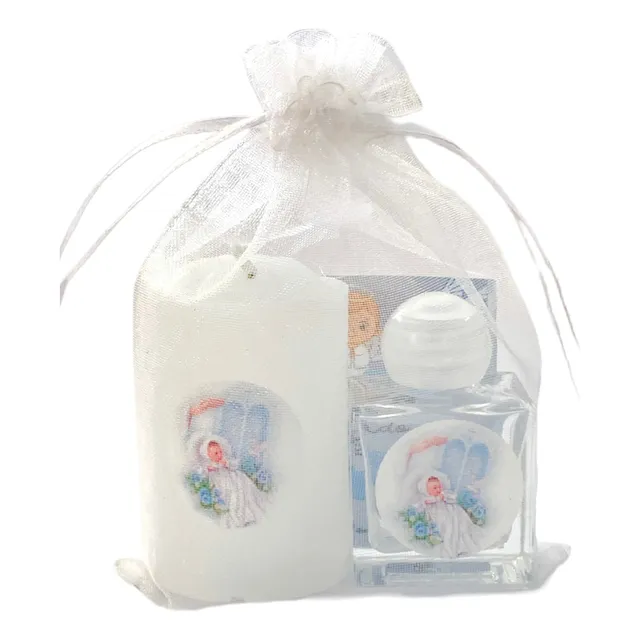 Kit Batismo Azul Adesivo Vela Votiva + Vidro + Tag