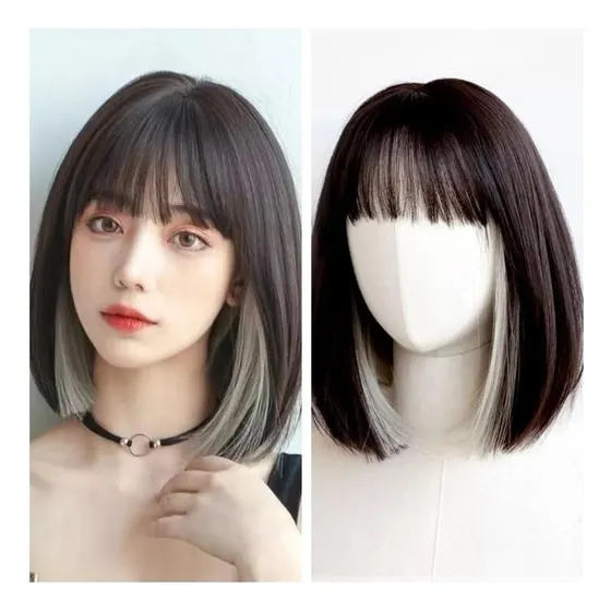 Peluca Corte Bob Para Mujer,peluca Castaño Oscuro Y Blanco