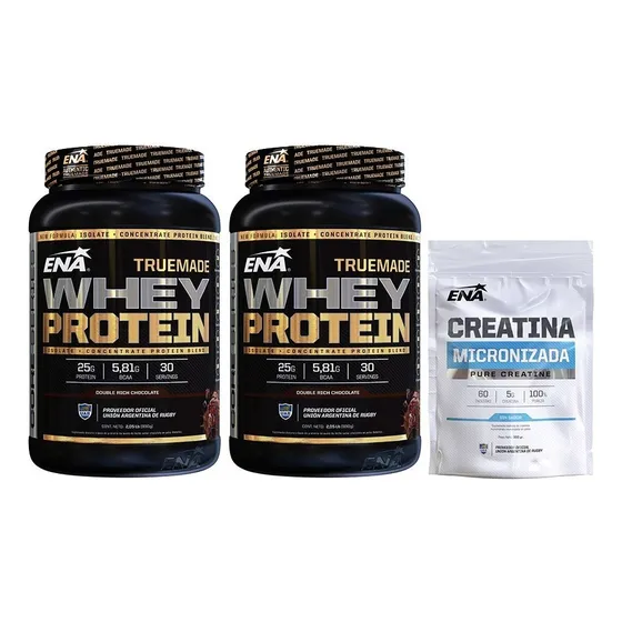 True Made Whey Protein 2 X 2,05 Lb Creatina Neutro 300g Sabor Rich Chocolate Sin Sabor ENA Sport