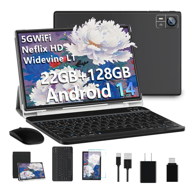 Tableta Suaat S10 10.1 Pulgadas Android 14 Tablet 22gb Ram, 128gb Rom, Octacore 2.0ghz Wifi 2.4g/5g Bluetooth 5.0, Tf 1tb Expansión Certificación Gms Con Mouse Teclado Funda-negro