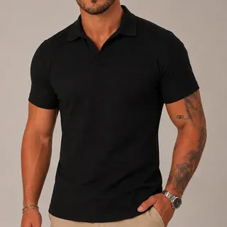 Camisa Polo Texturizada Masculina Algodão Piquet Premium Preto M