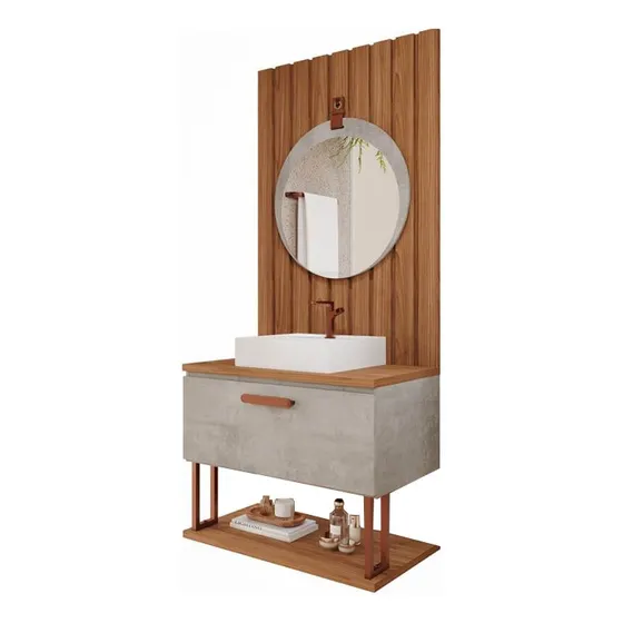 Mueble De Baño Duna De 80cm + Espejo + Panel Bacha Blanco Mueble Cimento/freijo