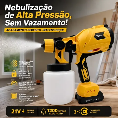 Pistola Pintura E Pulverizadora Elétrica Portátil 2 Baterias Amarelo 127/220v