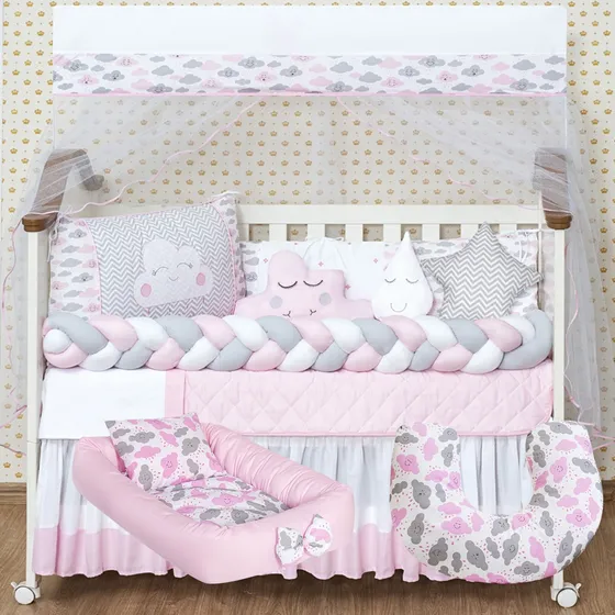 Kit Berço Black Friday Completo Ninho + Almofada 18 Peças A Cor Nuvem Rosa