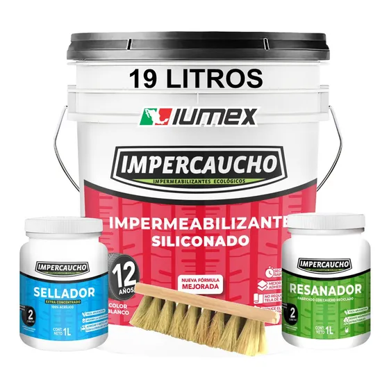 Paquete Impermeabilizante Termico Impercaucho Siliconado Cubeta 19 Litros + Sellador + Resanador + Cepillo Fibratado Rinde 20m2 Color Blanco