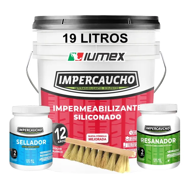Paquete Impermeabilizante Termico Impercaucho Siliconado Cubeta 19 Litros + Sellador + Resanador + Cepillo Fibratado Rinde 20m2 Color Blanco
