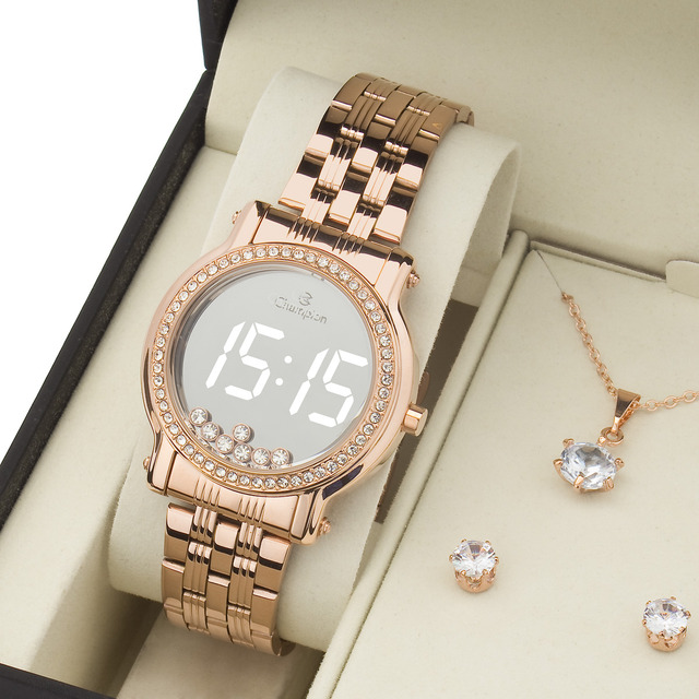 RelĂłgio Digital Feminino Rose Gold Champion Led Strass Kit Colar E Brincos Luxo Original RelĂłgio Digital Feminino Rose Gold Champion Led Strass Kit Colar E Brincos Luxo Original
