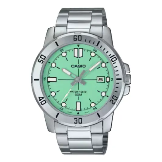 Reloj Casio Mtp-vd01d Colores Acero Inoxidable Correa Plateado Bisel Plateado Fondo Verde Claro