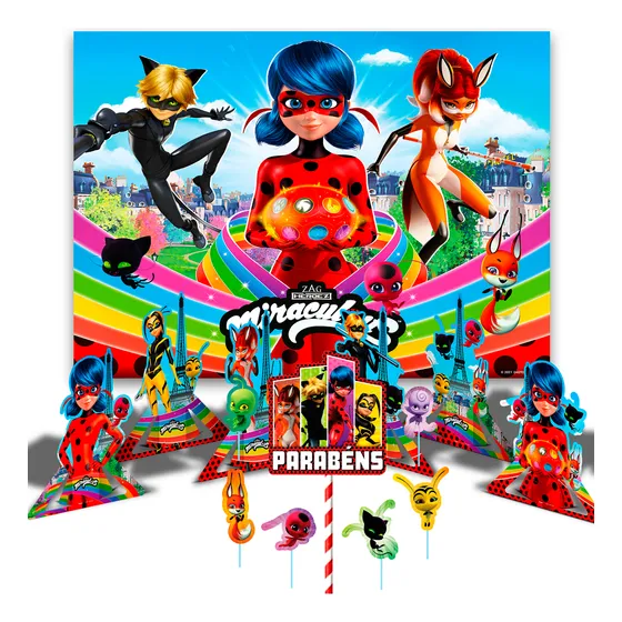 Kit Festa Ladybug Decoração Painel + Topo De Bolo +6 Display